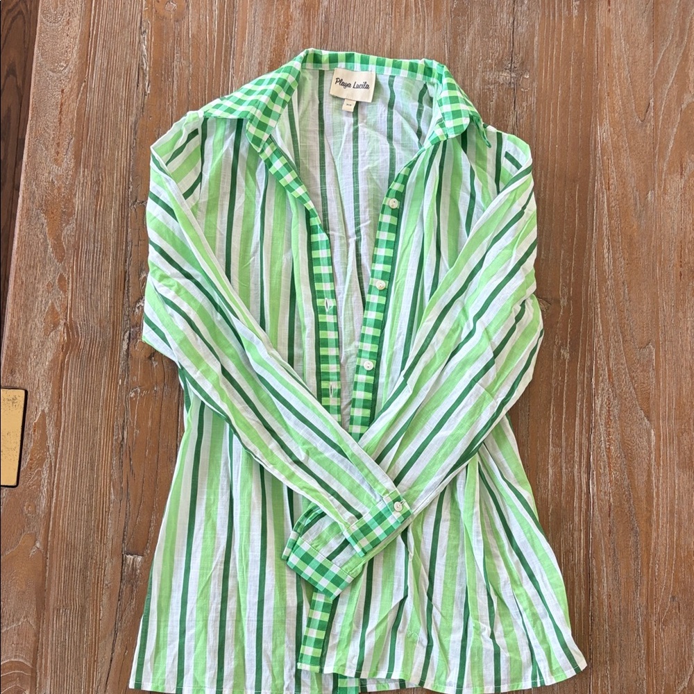 Playa Lucia Green Stripe Button-Up Shirt size XS